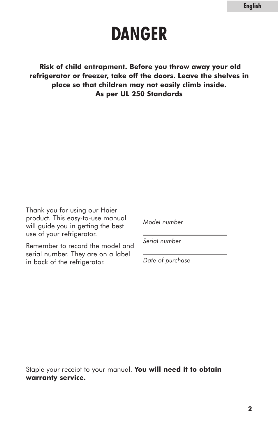 Danger | haier HRE10WNAWW User Manual | Page 3 / 21
