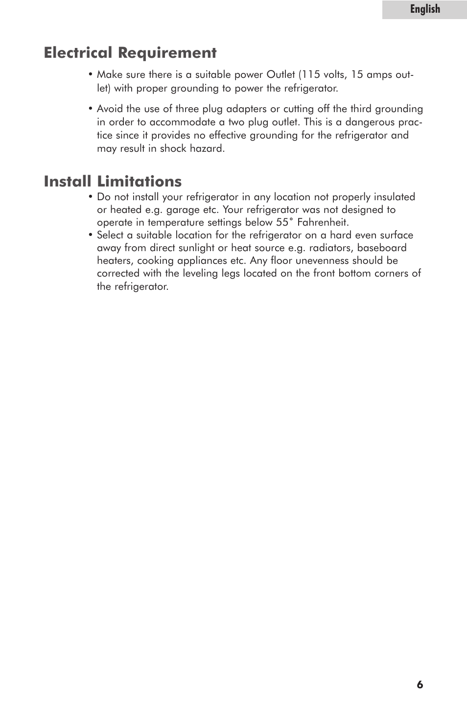 Electrical requirement, Install limitations | haier HRE10WNAWW User Manual | Page 7 / 21