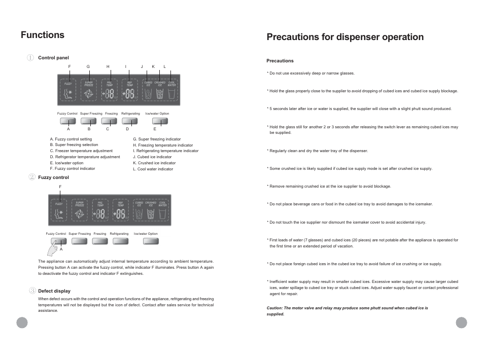 Functions, Precautions for dispenser operation | haier HRF-689FF/A User Manual | Page 10 / 18