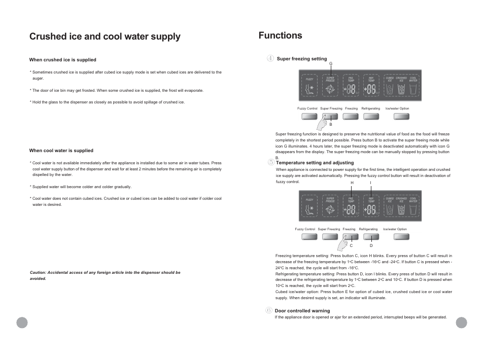 Functions, Crushed ice and cool water supply | haier HRF-689FF/A User Manual | Page 11 / 18