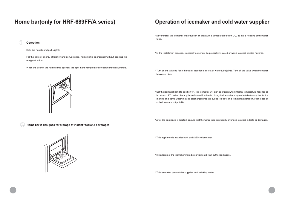 Home bar(only for hrf-689ff/a series), Operation of icemaker and cold water supplier | haier HRF-689FF/A User Manual | Page 16 / 18