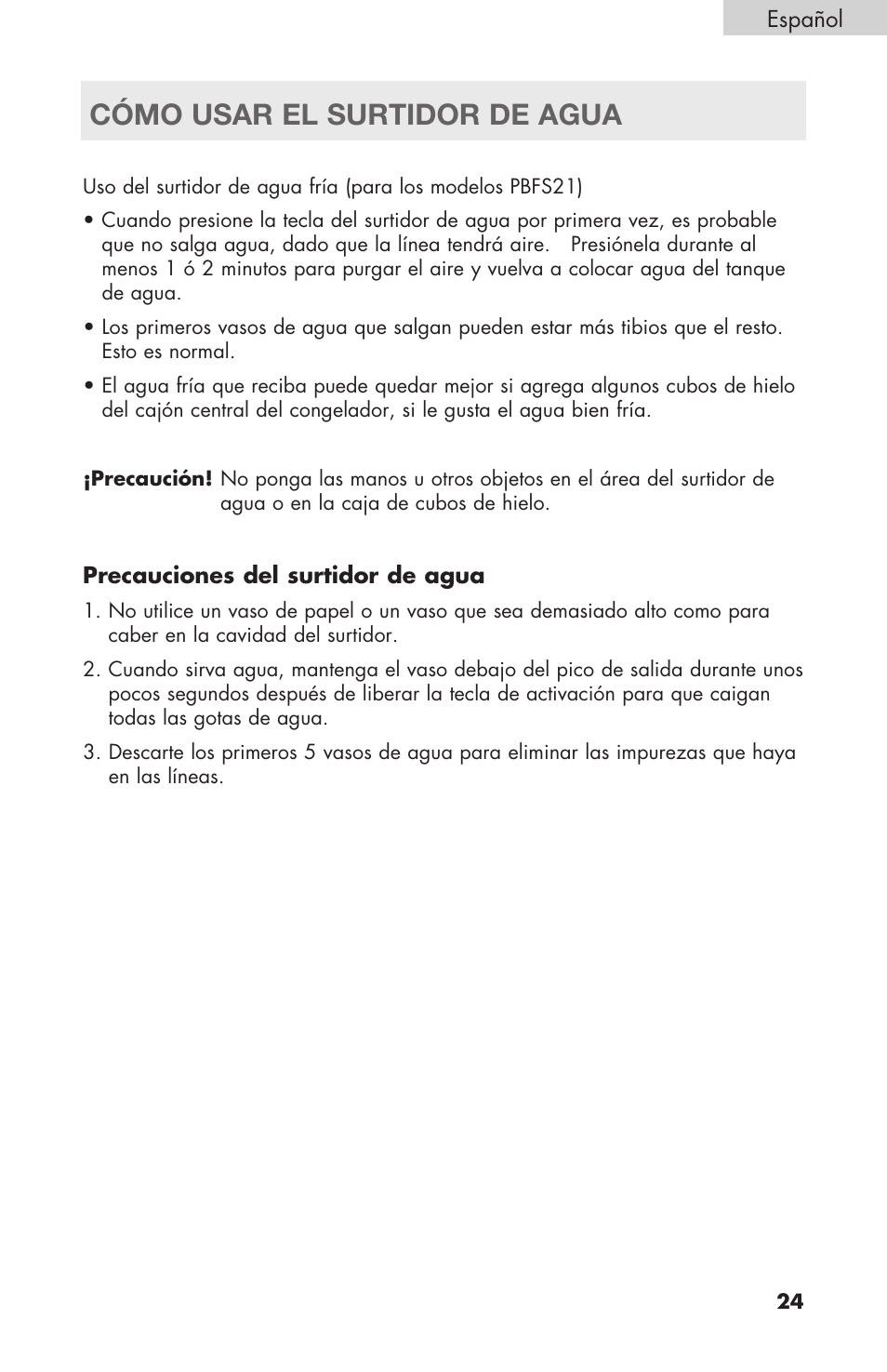 Cómo usar el surtidor de agua | haier RBFS21 User Manual | Page 101 / 116