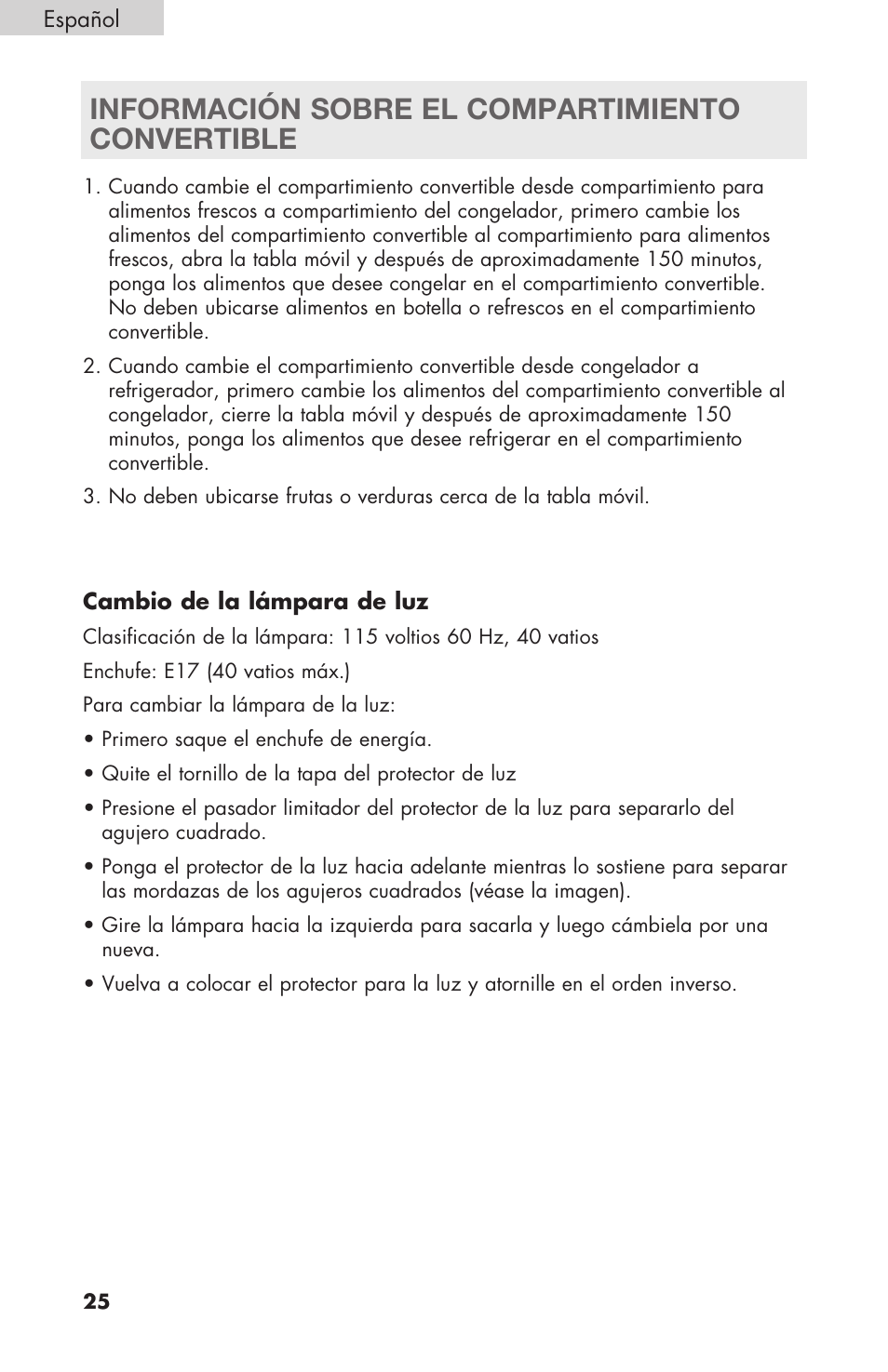 Información sobre el compartimiento convertible | haier RBFS21 User Manual | Page 102 / 116