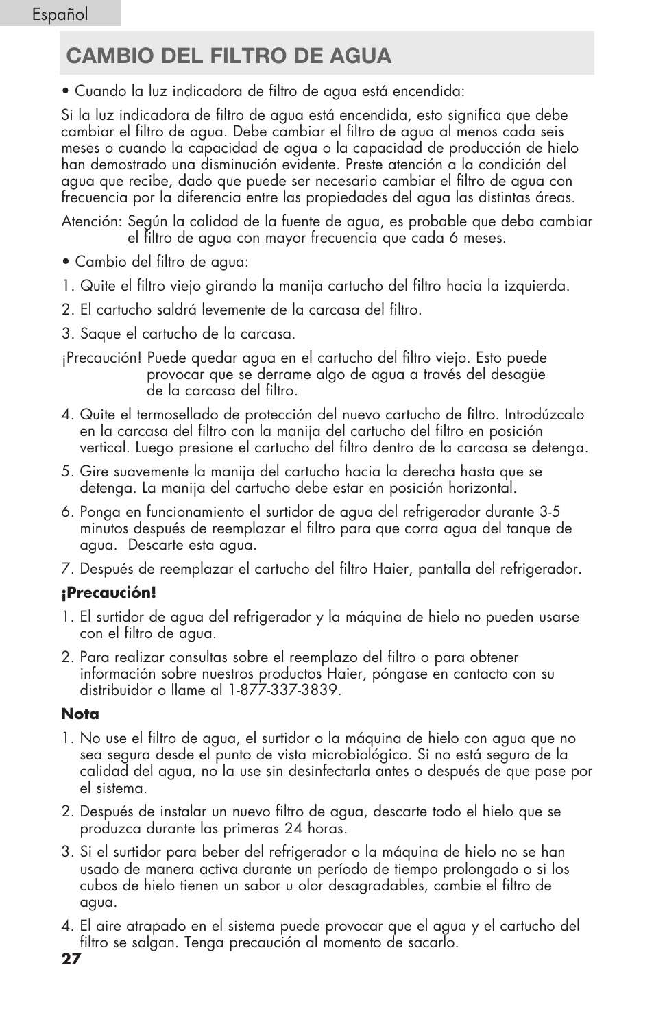 Cambio del filtro de agua | haier RBFS21 User Manual | Page 104 / 116