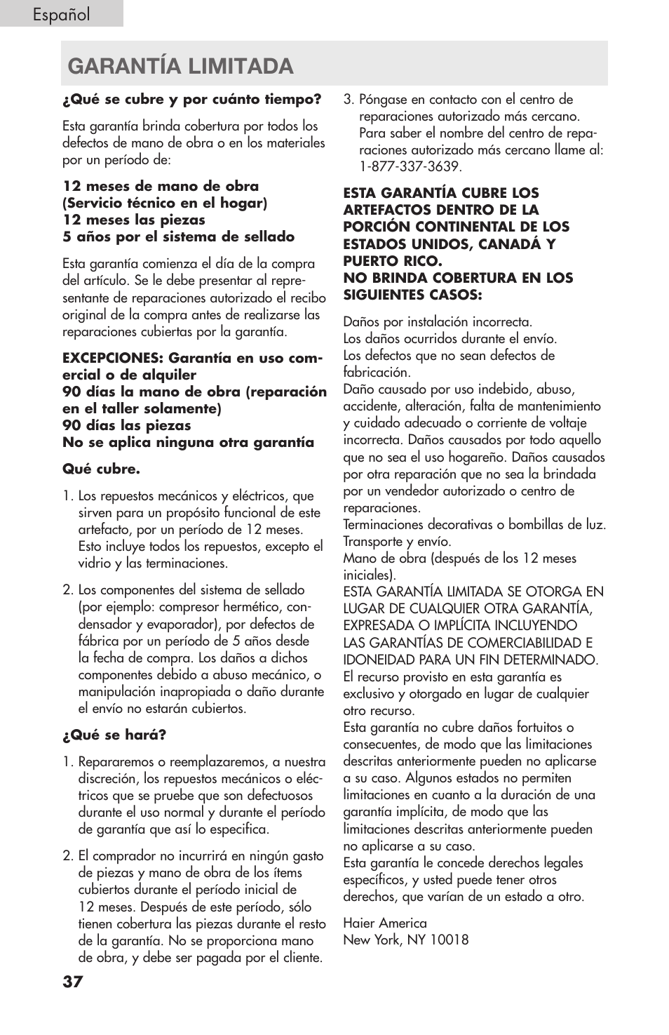 Garantía limitada, Español | haier RBFS21 User Manual | Page 114 / 116