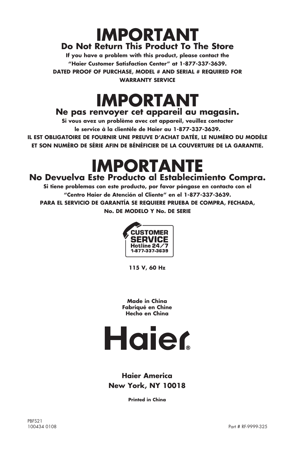 Important, Importante, Do not return this product to the store | Ne pas renvoyer cet appareil au magasin | haier RBFS21 User Manual | Page 116 / 116