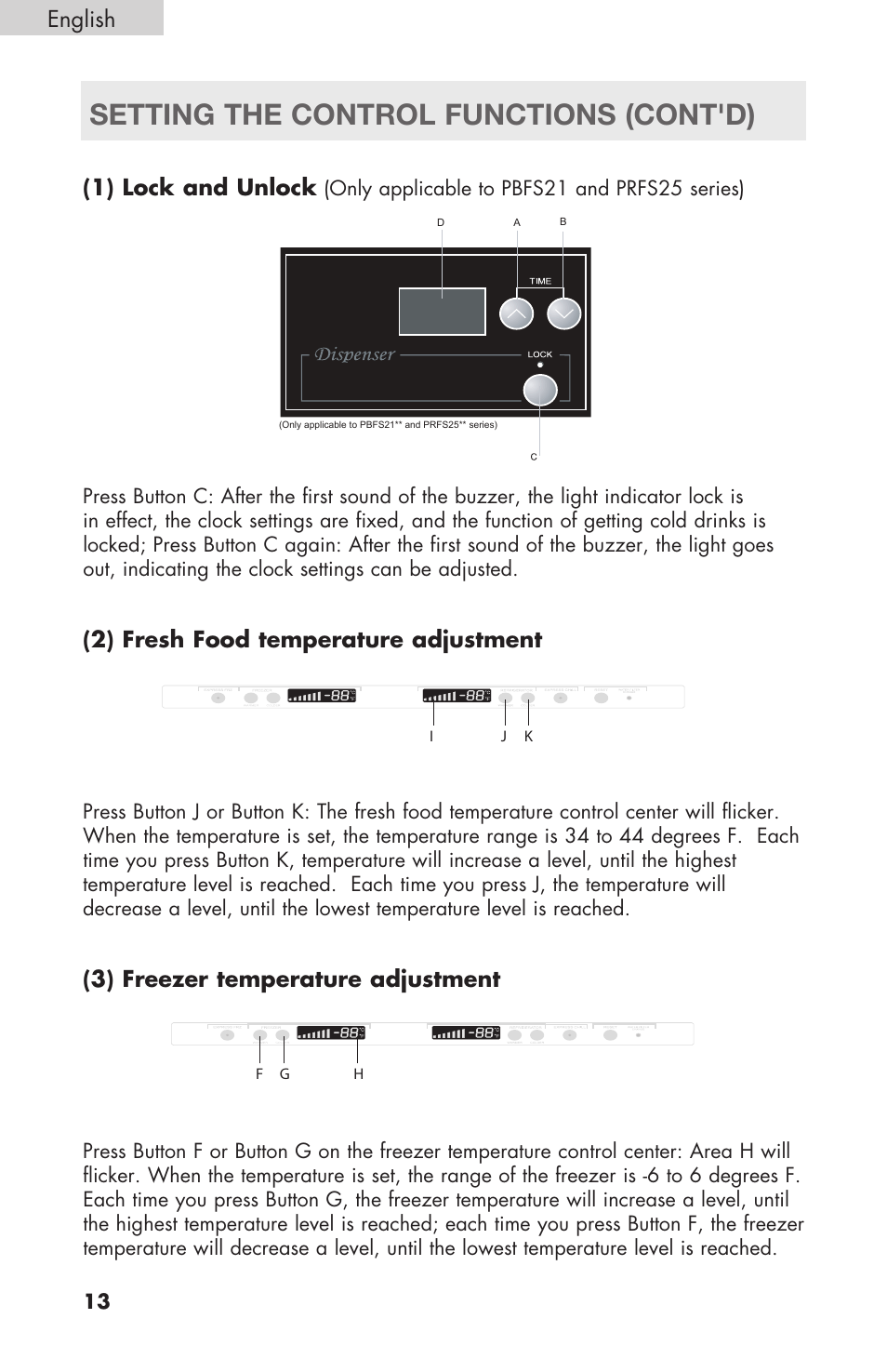 Setting the control functions (cont'd), English, 1) lock and unlock | 2) fresh food temperature adjustment, 3) freezer temperature adjustment | haier RBFS21 User Manual | Page 14 / 116