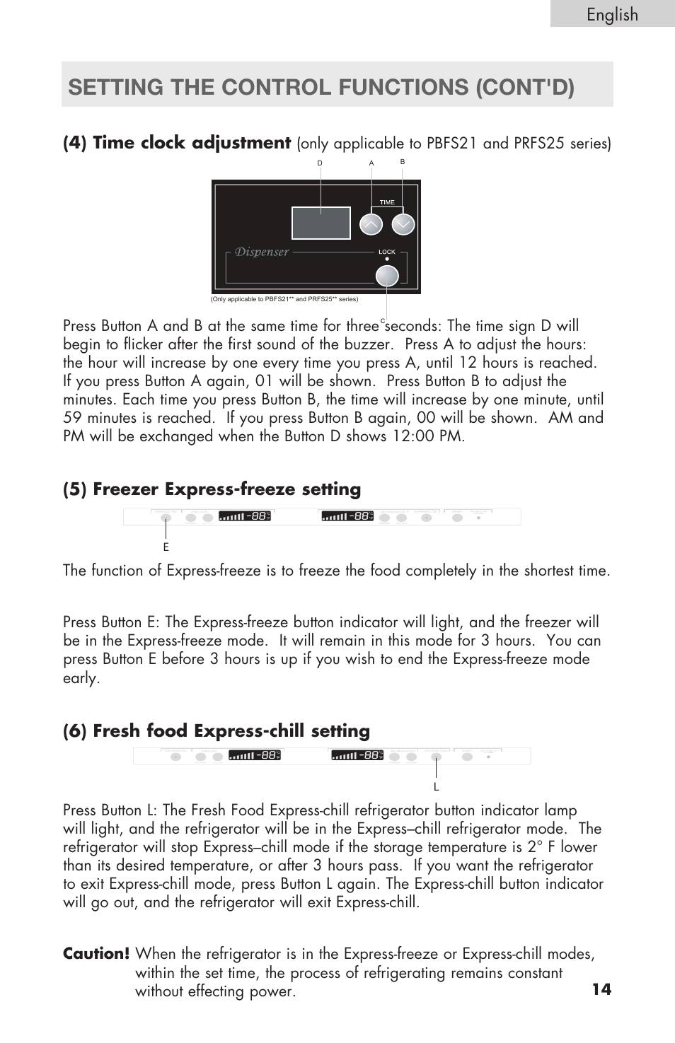 Setting the control functions (cont'd), English, 4) time clock adjustment | 5) freezer express-freeze setting, 6) fresh food express-chill setting | haier RBFS21 User Manual | Page 15 / 116