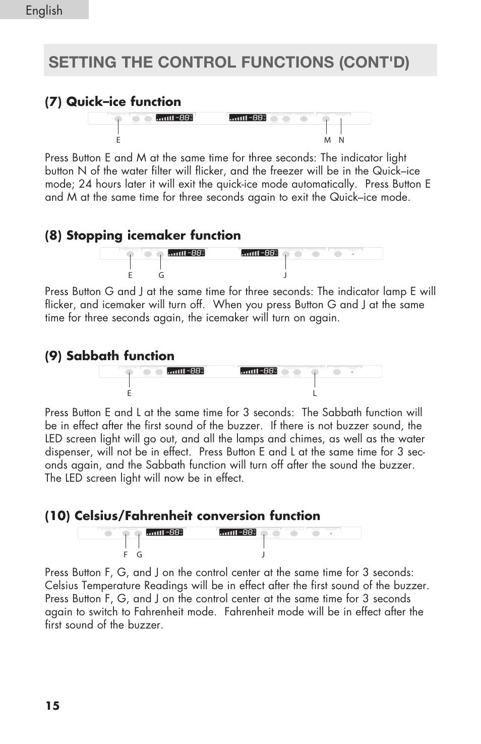 Setting the control functions (cont'd), English, 7) quick–ice function | 8) stopping icemaker function, 9) sabbath function, 10) celsius/fahrenheit conversion function | haier RBFS21 User Manual | Page 16 / 116