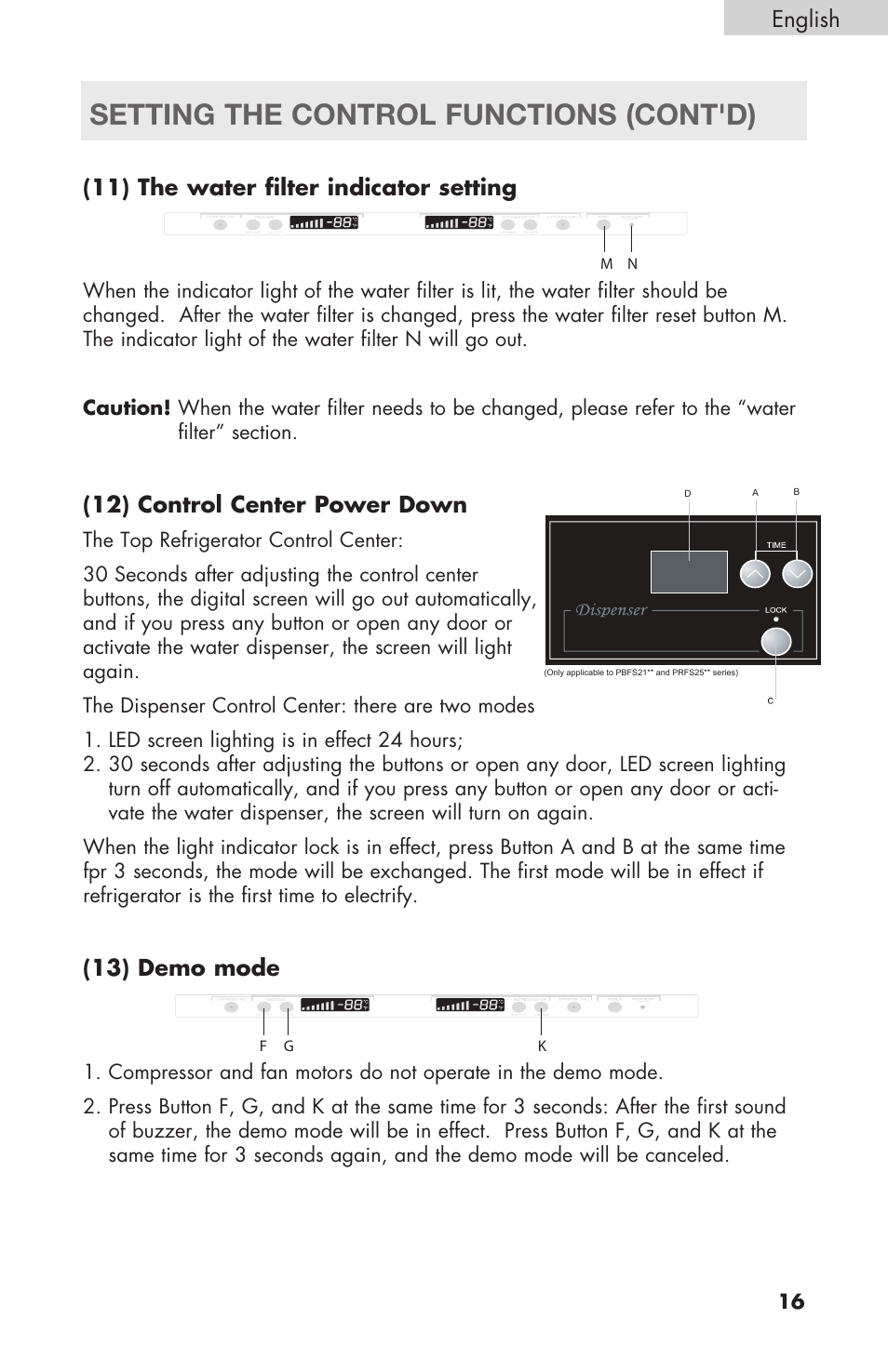 Setting the control functions (cont'd), English, 11) the water filter indicator setting | 12) control center power down, 13) demo mode | haier RBFS21 User Manual | Page 17 / 116