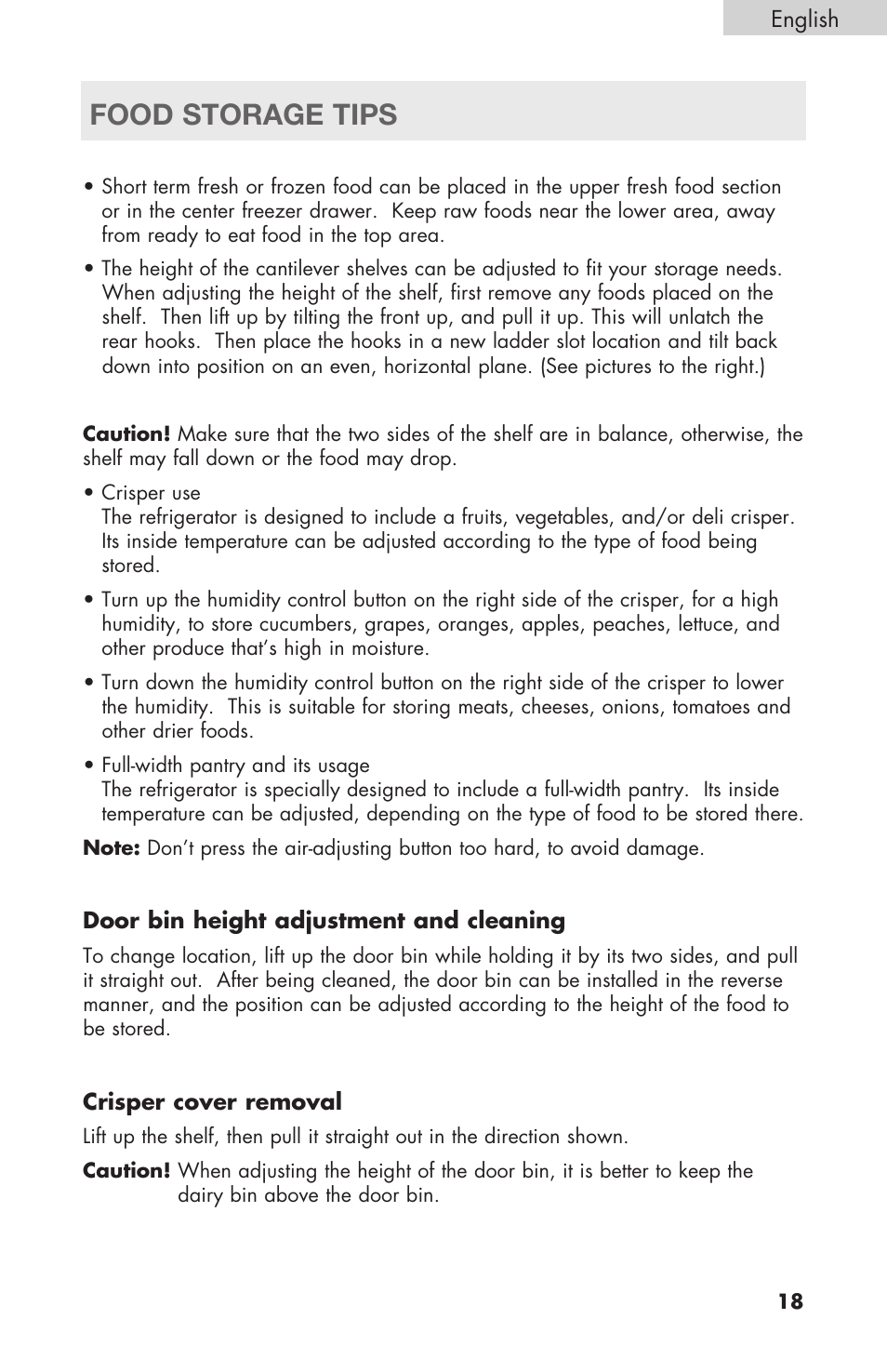 Food storage tips | haier RBFS21 User Manual | Page 19 / 116