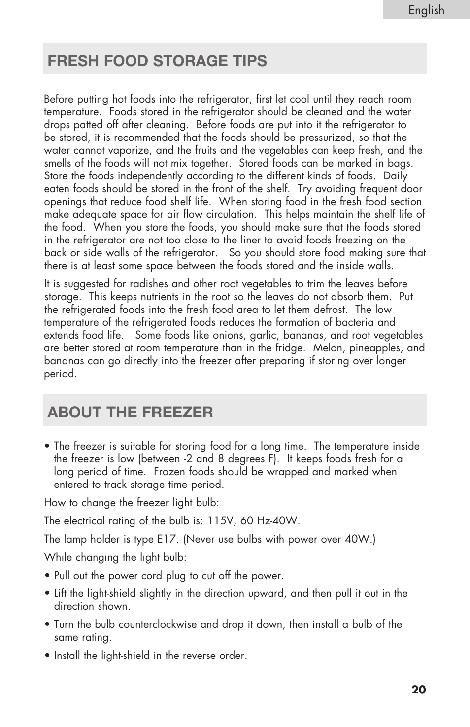 Fresh food storage tips about the freezer | haier RBFS21 User Manual | Page 21 / 116