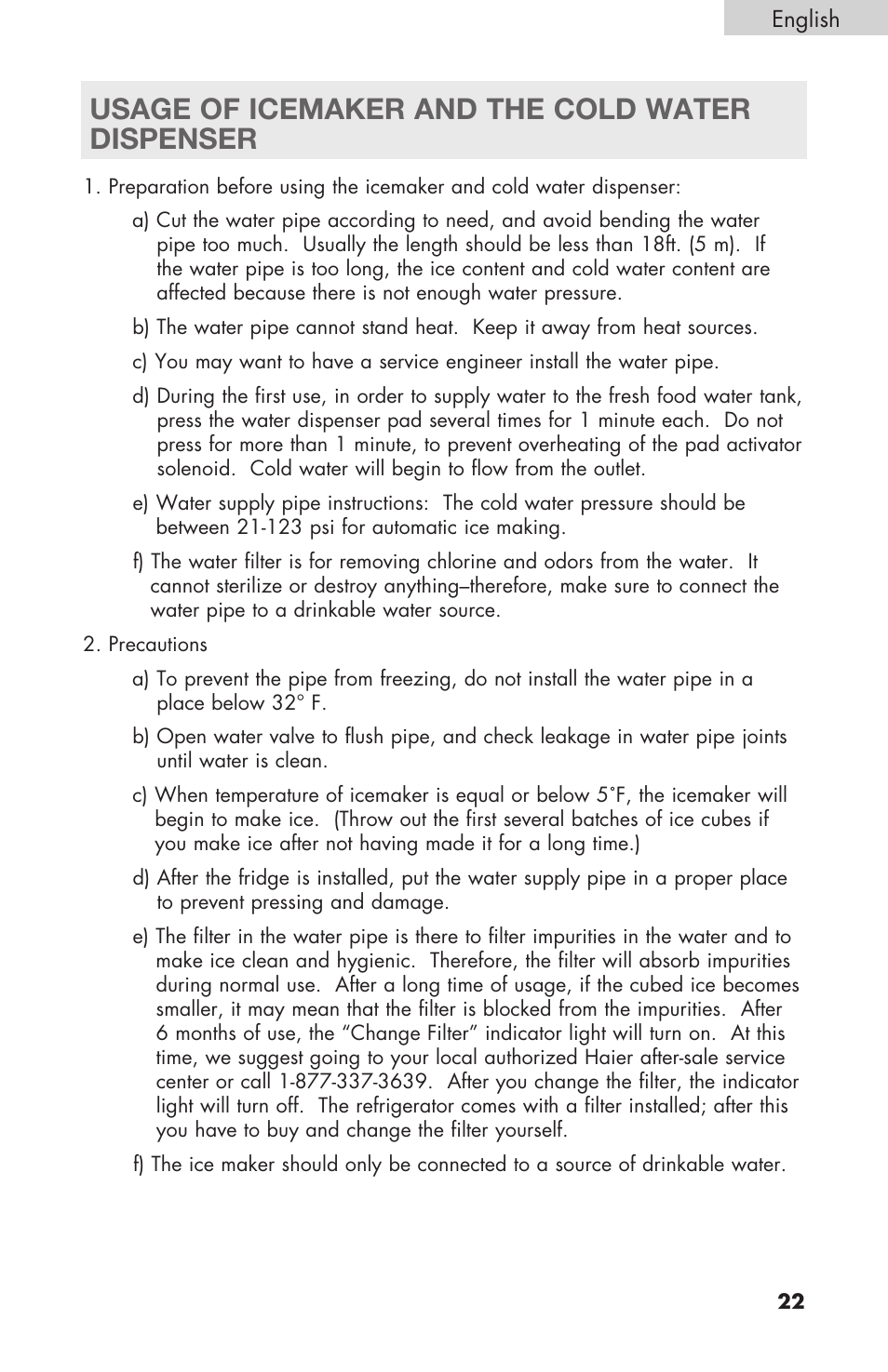 Usage of icemaker and the cold water dispenser | haier RBFS21 User Manual | Page 23 / 116