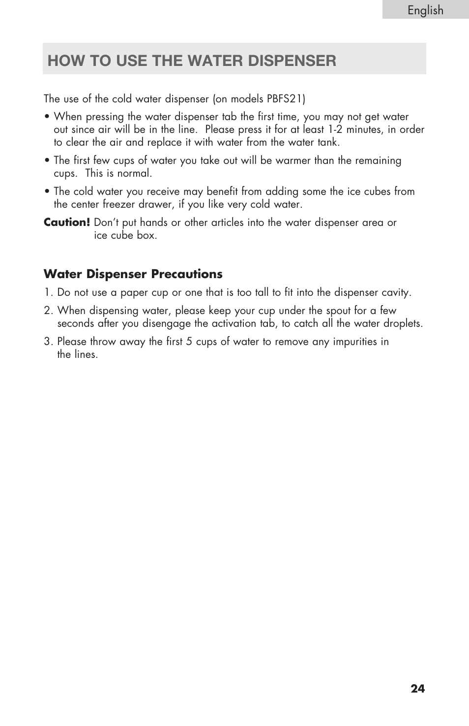 How to use the water dispenser | haier RBFS21 User Manual | Page 25 / 116