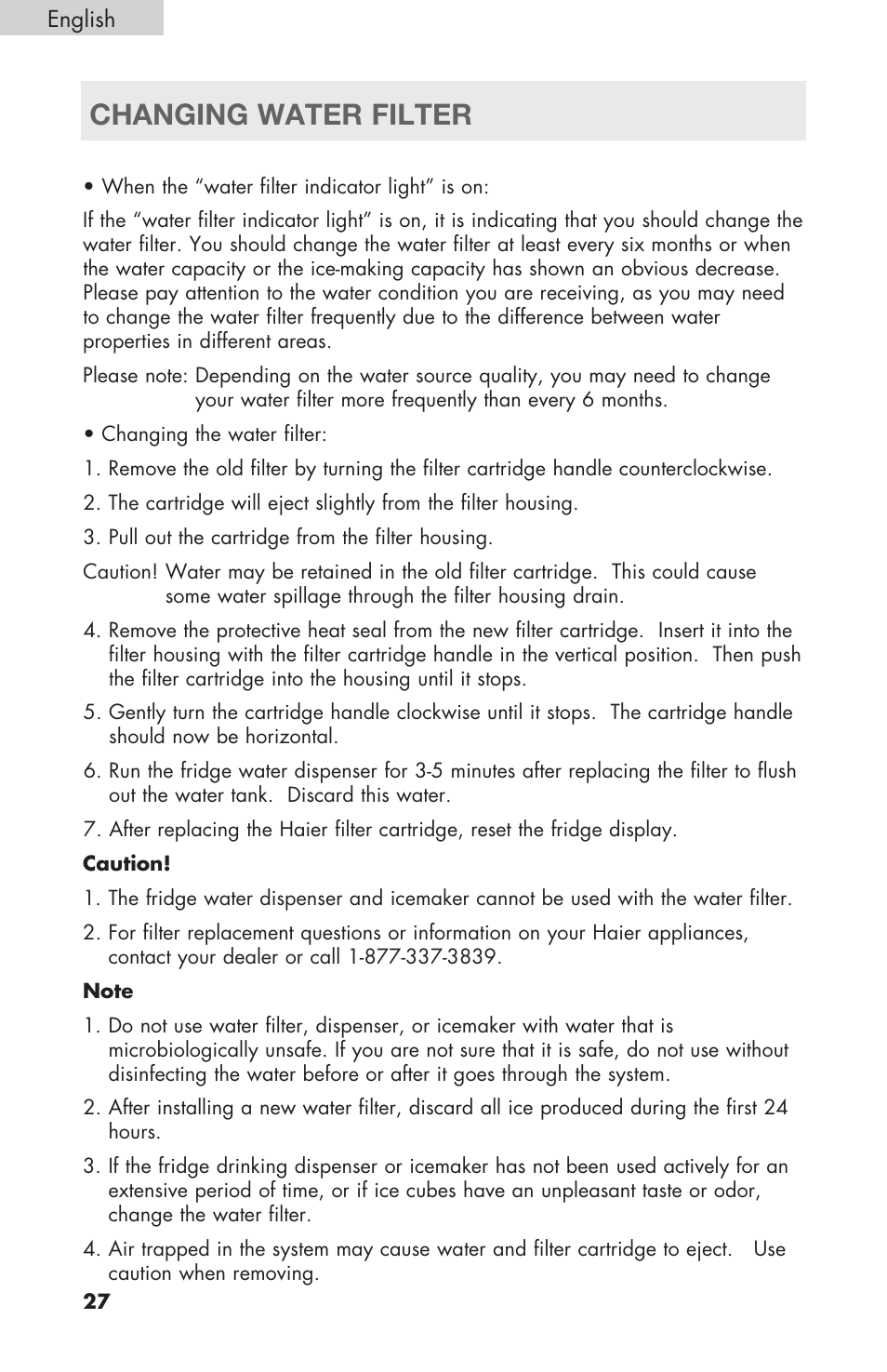 Changing water filter | haier RBFS21 User Manual | Page 28 / 116