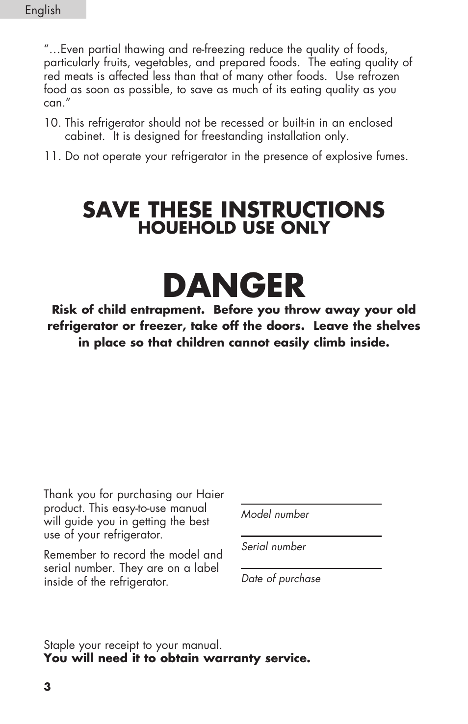 Danger, Save these instructions, Houehold use only | haier RBFS21 User Manual | Page 4 / 116