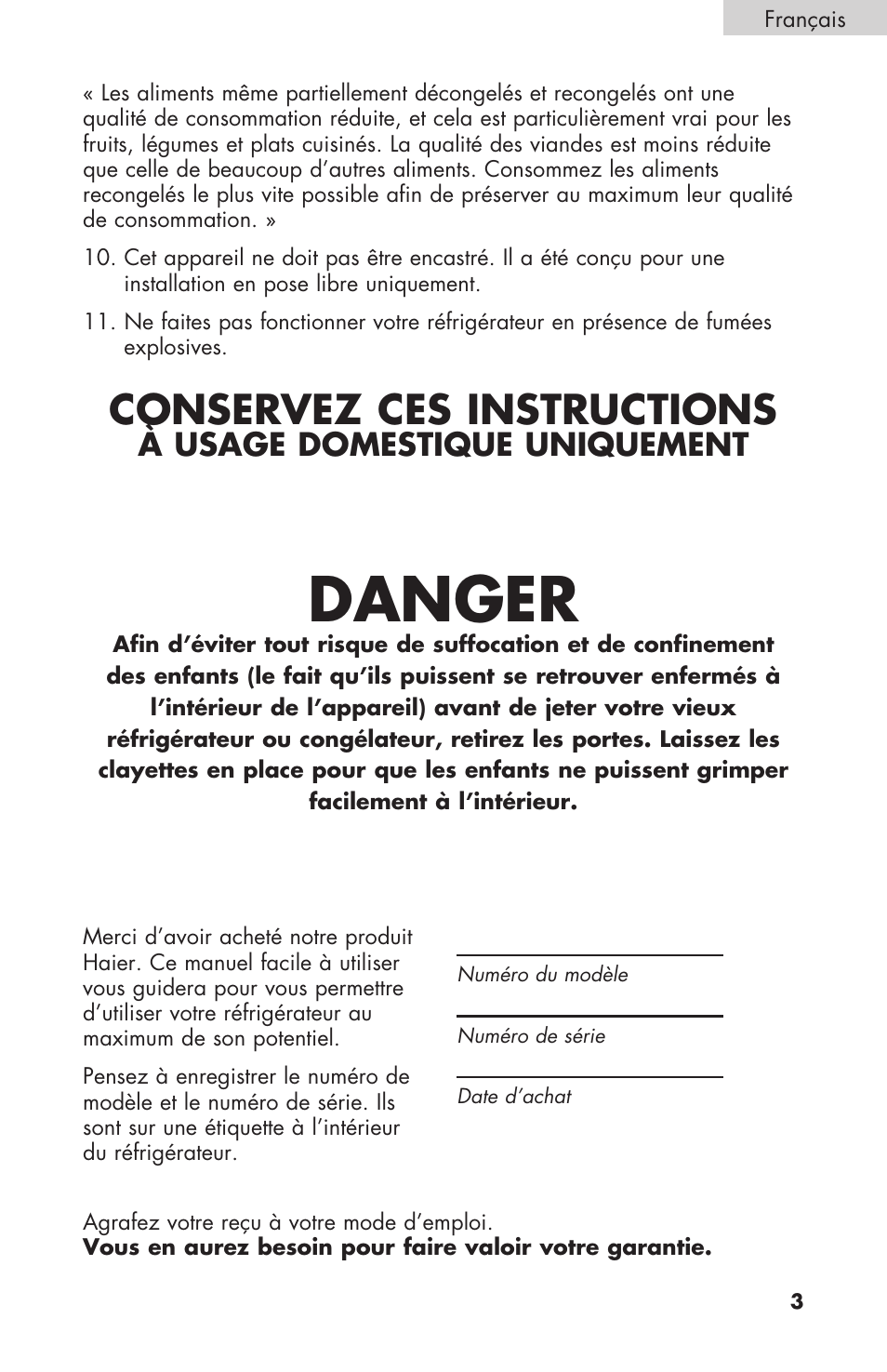Danger, Conservez ces instructions, À usage domestique uniquement | haier RBFS21 User Manual | Page 41 / 116