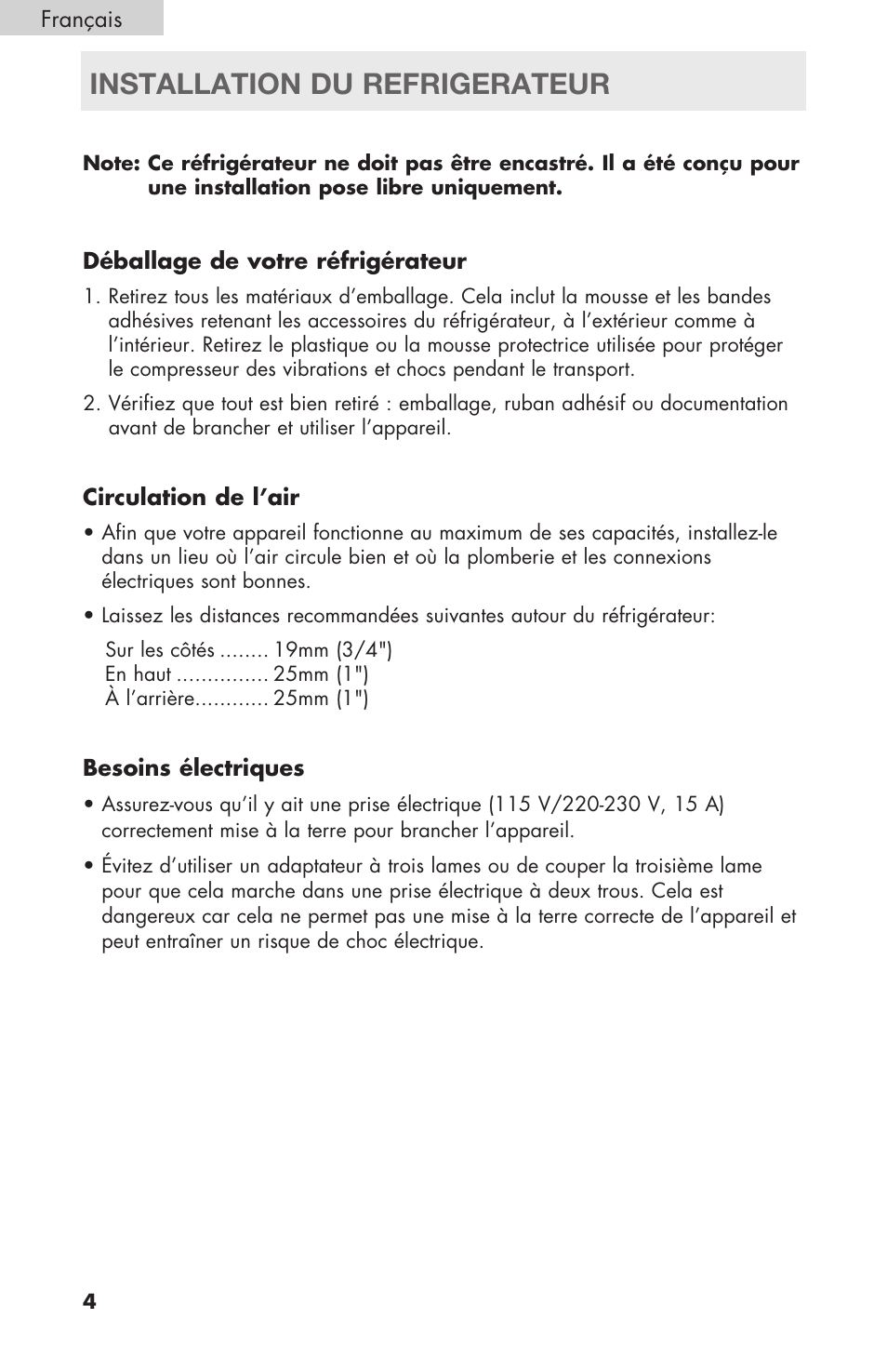 Installation du refrigerateur | haier RBFS21 User Manual | Page 42 / 116