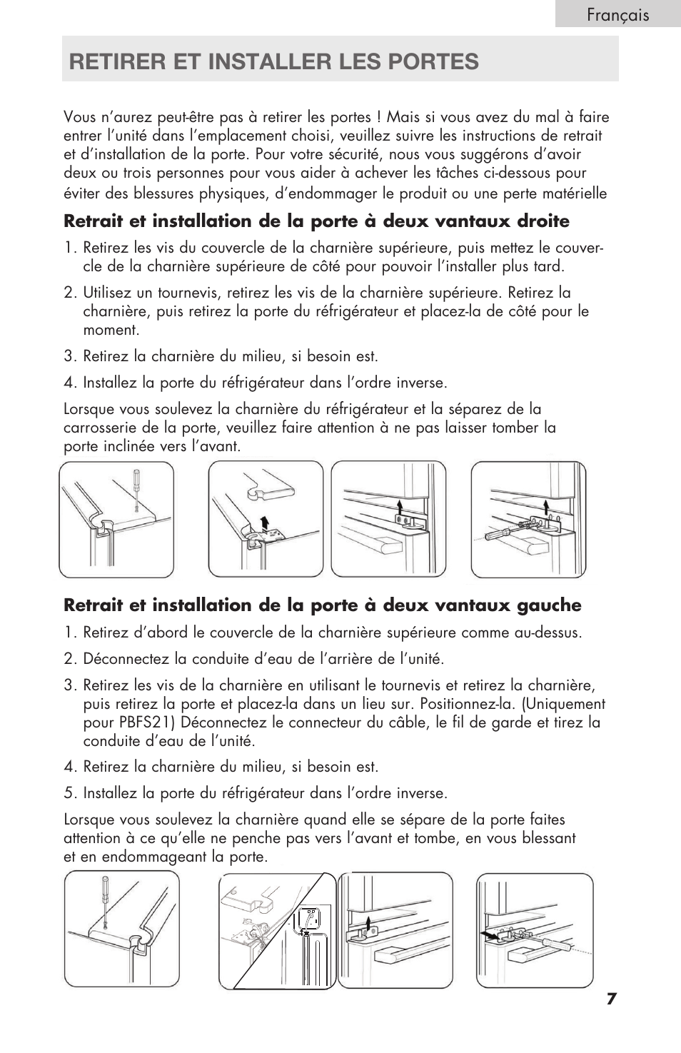 Retirer et installer les portes | haier RBFS21 User Manual | Page 45 / 116