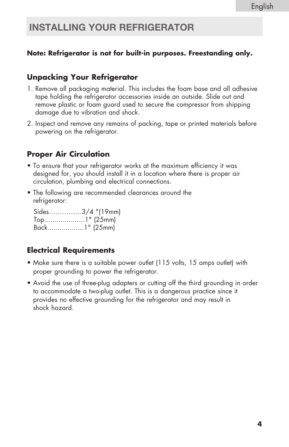 Installing your refrigerator | haier RBFS21 User Manual | Page 5 / 116