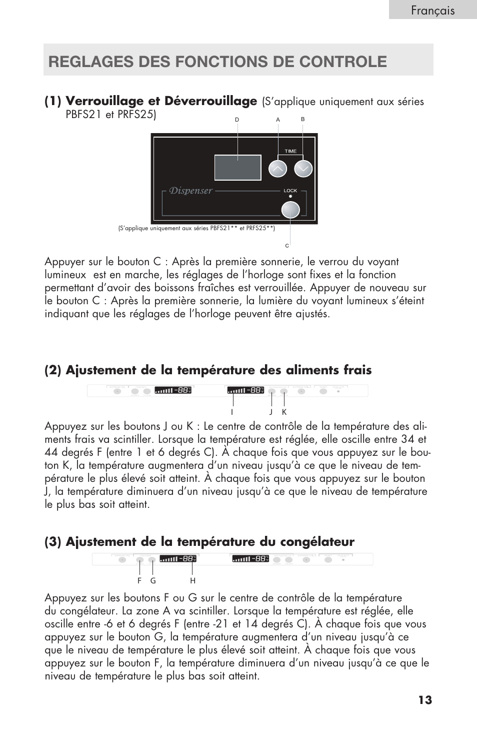 Reglages des fonctions de controle, Français, Français (1) verrouillage et déverrouillage | 2) ajustement de la température des aliments frais, 3) ajustement de la température du congélateur | haier RBFS21 User Manual | Page 51 / 116