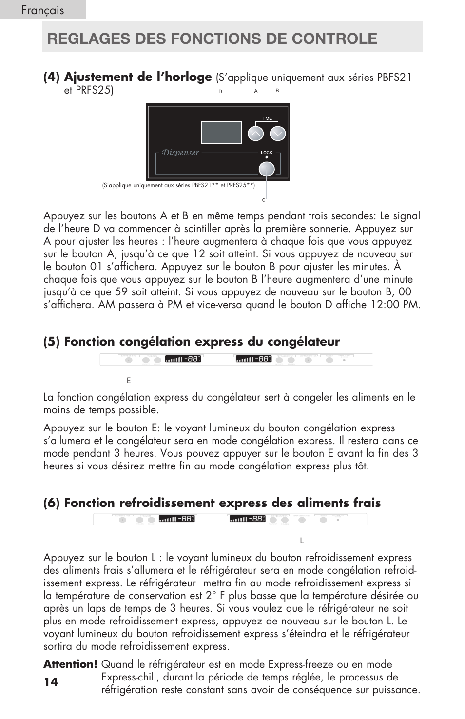 Reglages des fonctions de controle, 4) ajustement de l’horloge, 5) fonction congélation express du congélateur | Français | haier RBFS21 User Manual | Page 52 / 116