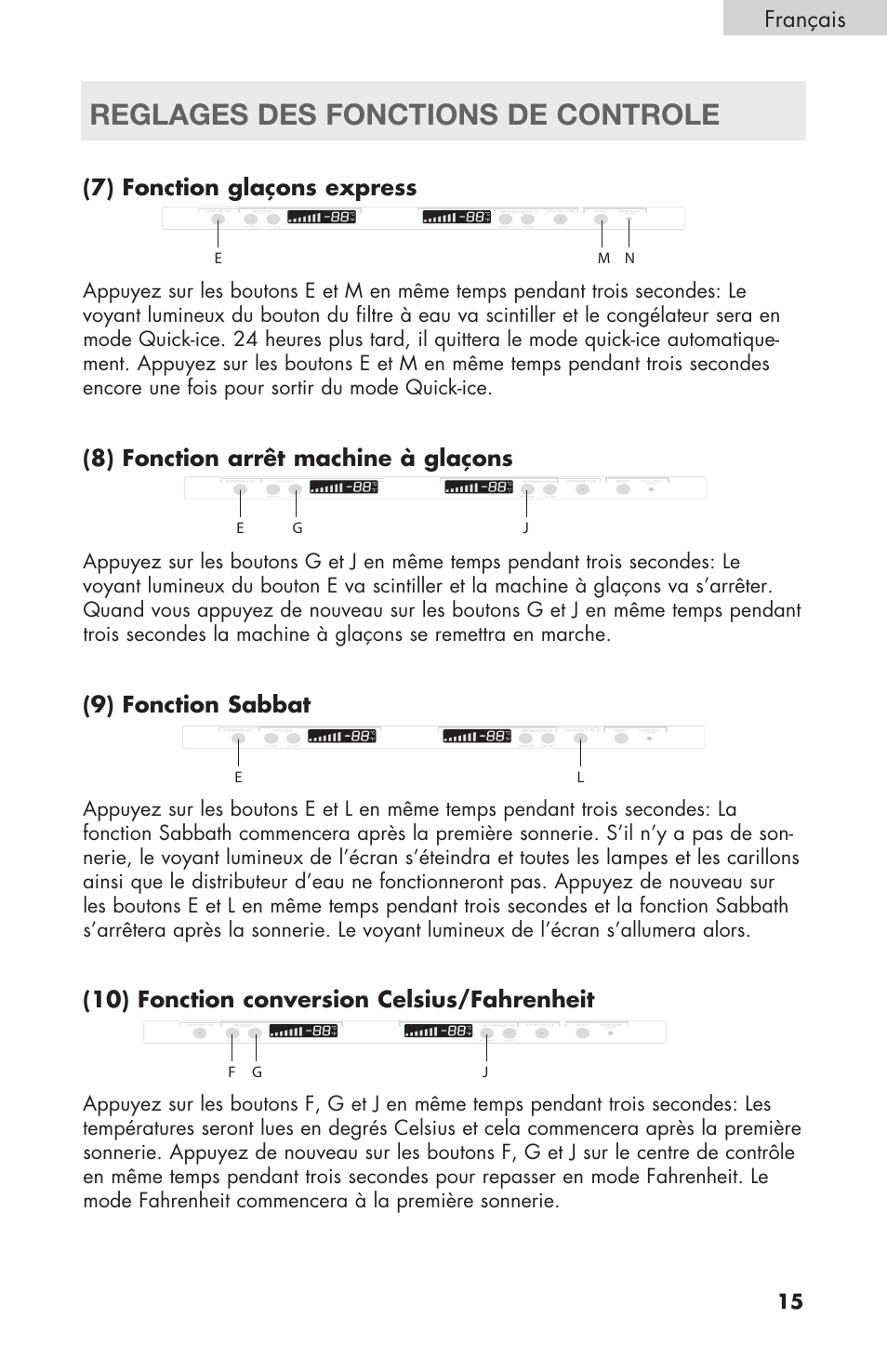 Reglages des fonctions de controle, Français, Français (7) fonction glaçons express | 8) fonction arrêt machine à glaçons, 9) fonction sabbat, 10) fonction conversion celsius/fahrenheit | haier RBFS21 User Manual | Page 53 / 116