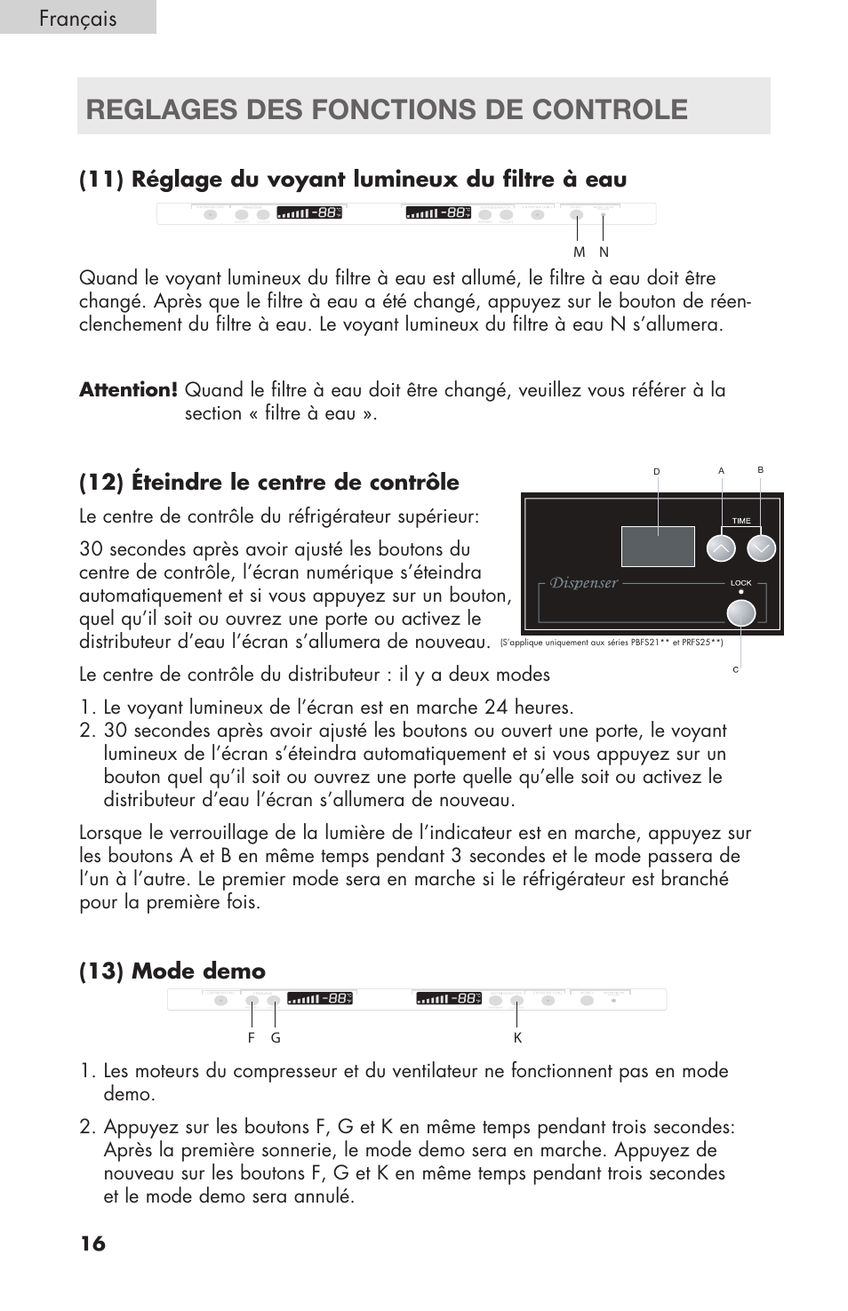 Reglages des fonctions de controle, 11) réglage du voyant lumineux du filtre à eau, 12) éteindre le centre de contrôle | 13) mode demo, Français | haier RBFS21 User Manual | Page 54 / 116