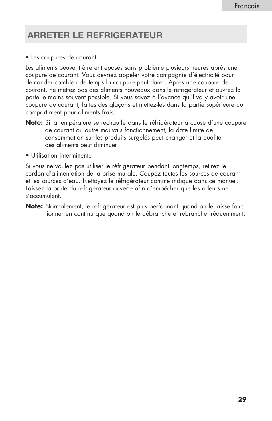 Arreter le refrigerateur | haier RBFS21 User Manual | Page 67 / 116