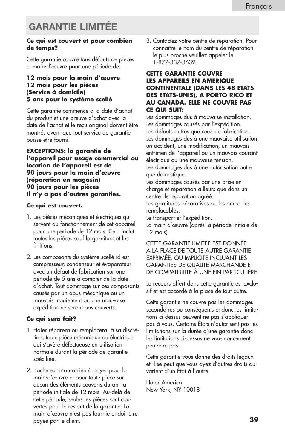 Garantie limitée, Français | haier RBFS21 User Manual | Page 77 / 116