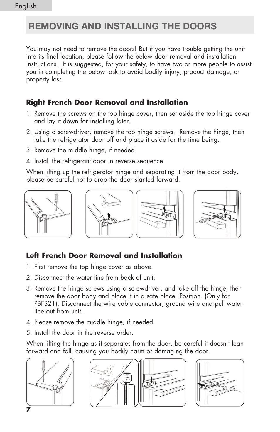 Removing and installing the doors | haier RBFS21 User Manual | Page 8 / 116