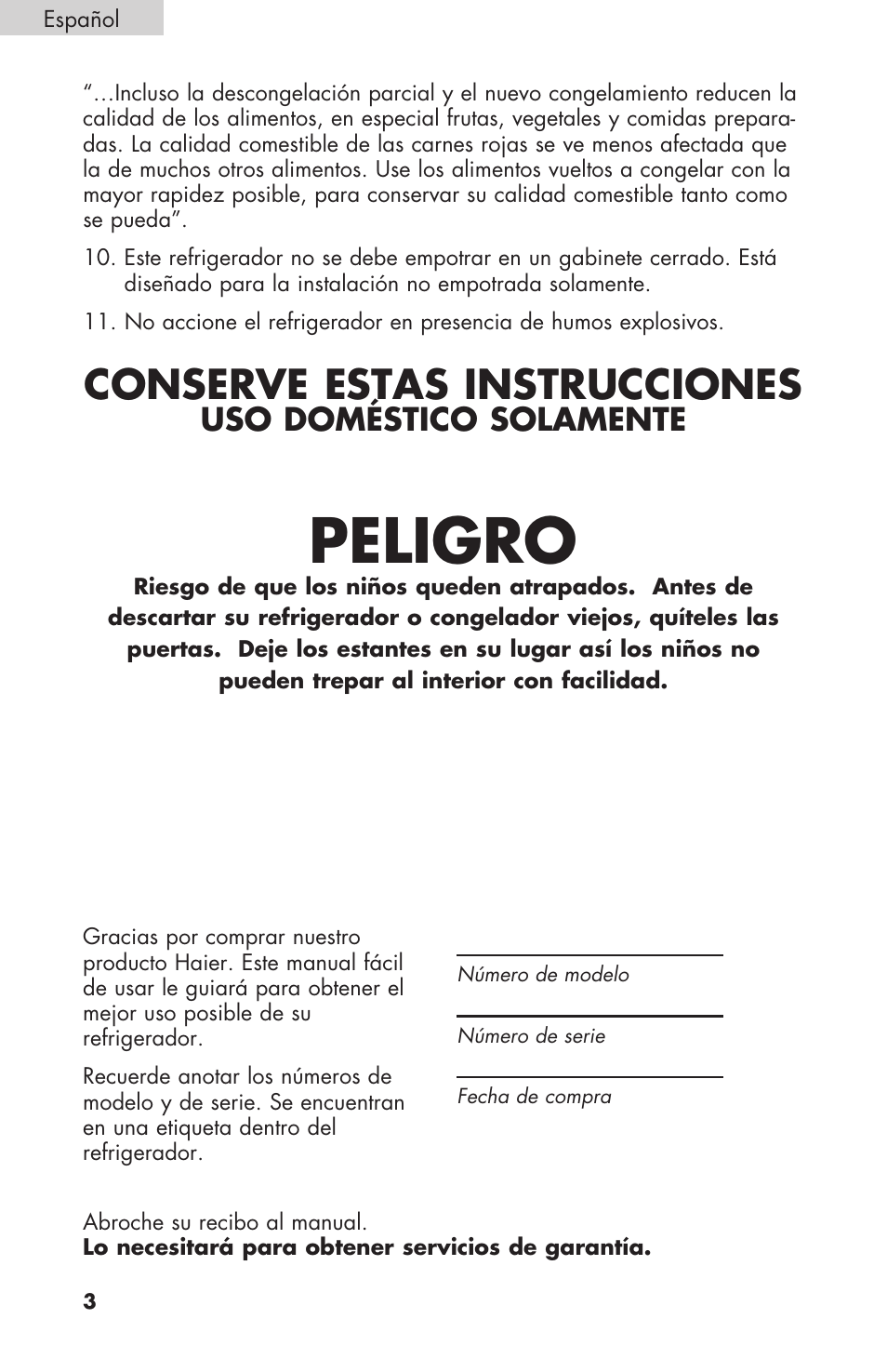 Peligro, Conserve estas instrucciones, Uso doméstico solamente | haier RBFS21 User Manual | Page 80 / 116