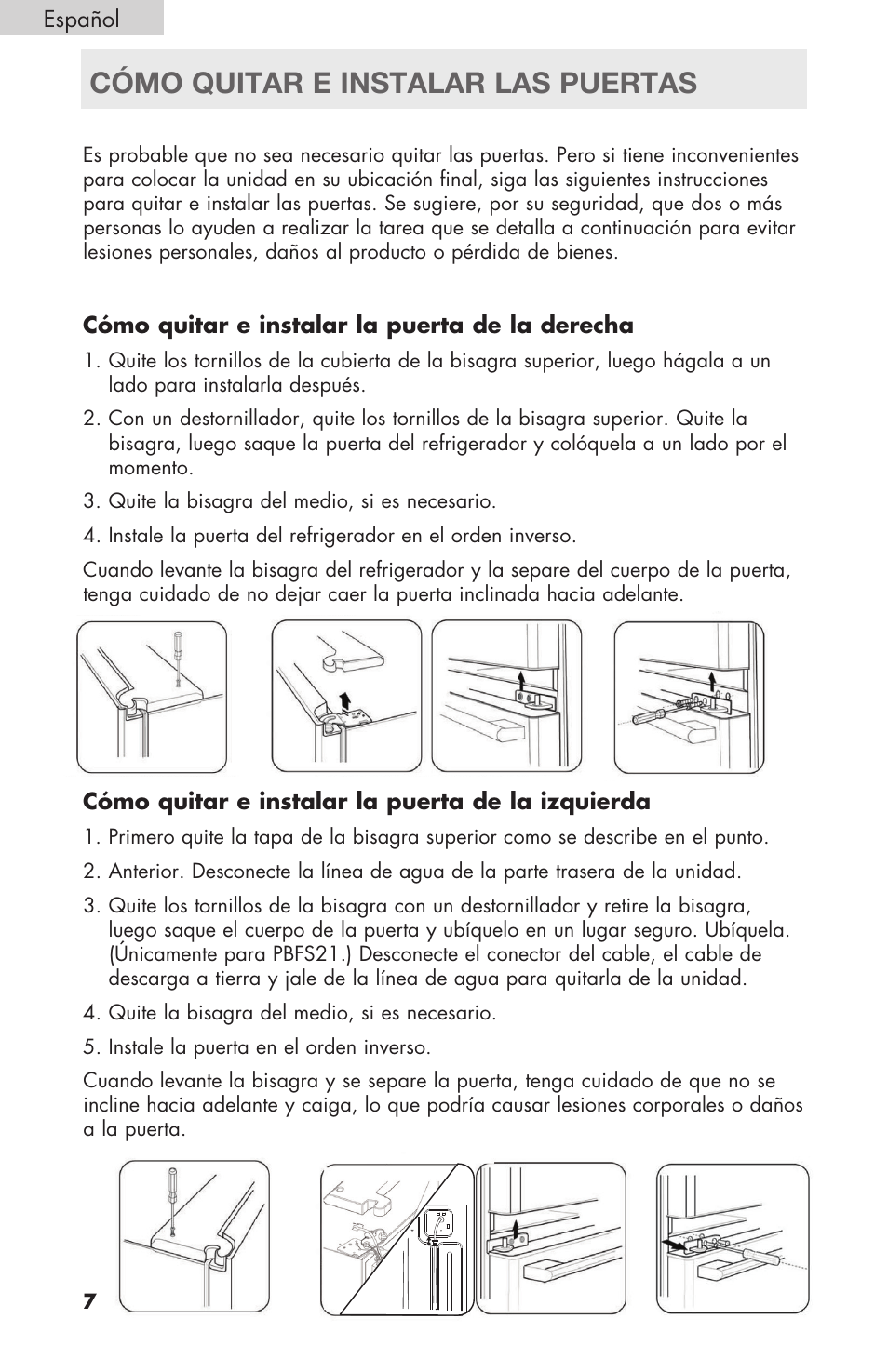 Cómo quitar e instalar las puertas | haier RBFS21 User Manual | Page 84 / 116