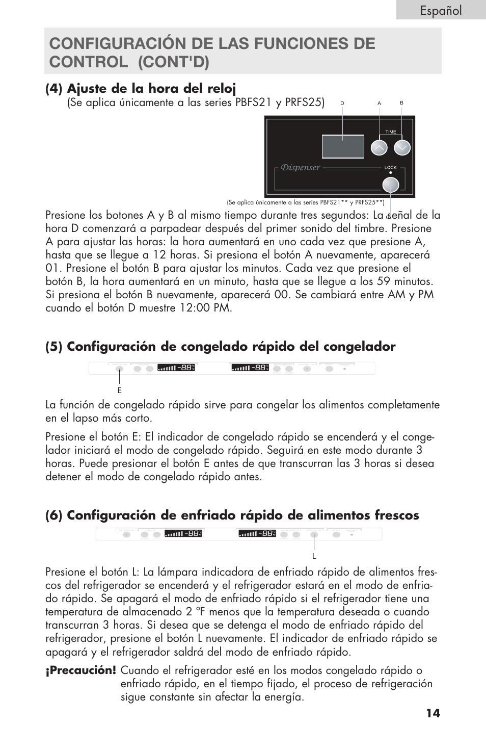 Configuración de las funciones de control (cont'd), 4) ajuste de la hora del reloj, Español | haier RBFS21 User Manual | Page 91 / 116