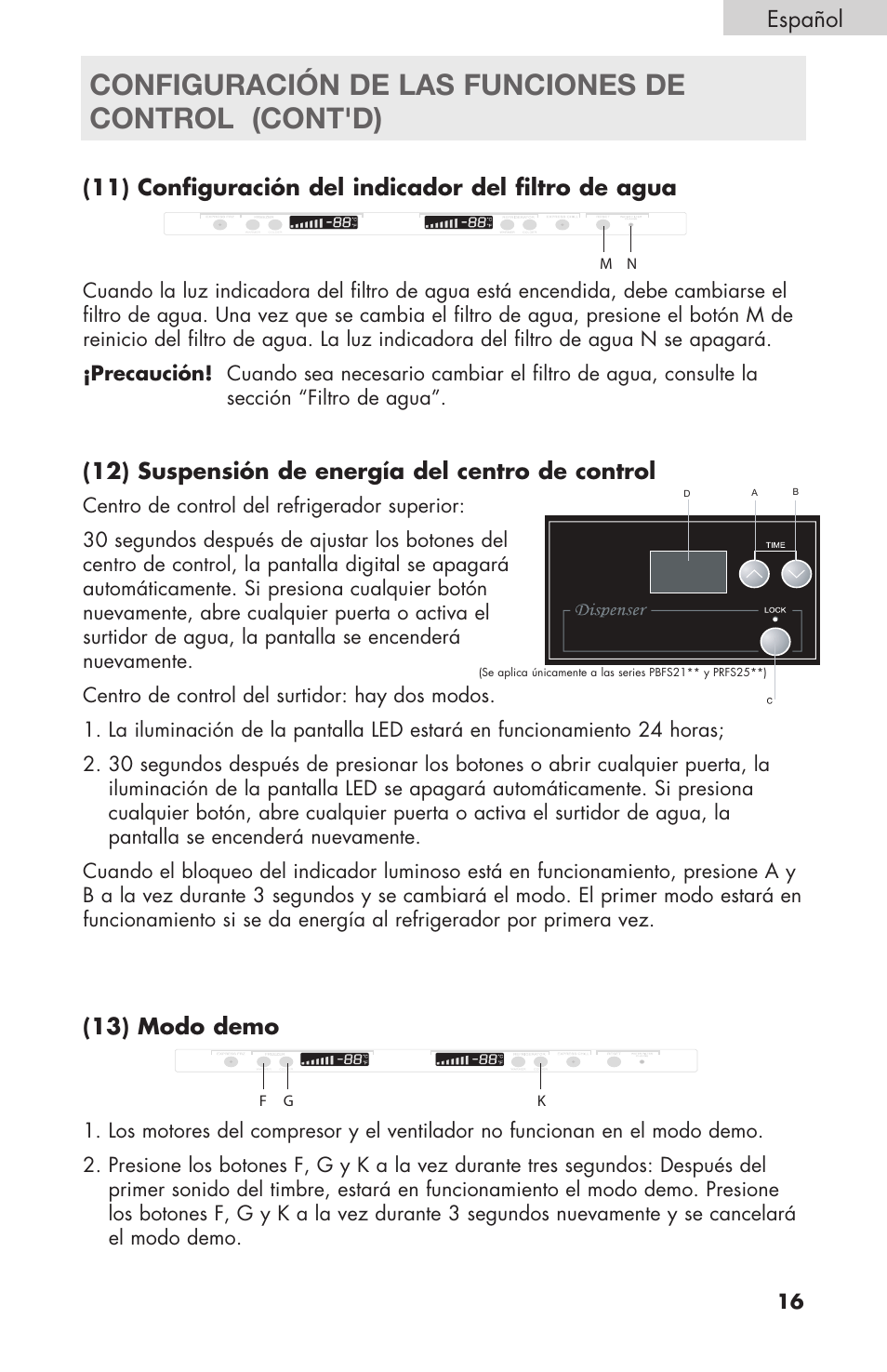 Configuración de las funciones de control (cont'd), 11) configuración del indicador del filtro de agua, 12) suspensión de energía del centro de control | 13) modo demo, Español | haier RBFS21 User Manual | Page 93 / 116