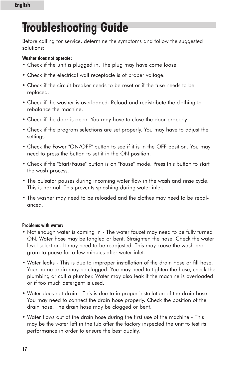 Troubleshooting guide | haier HLP23E User Manual | Page 18 / 60