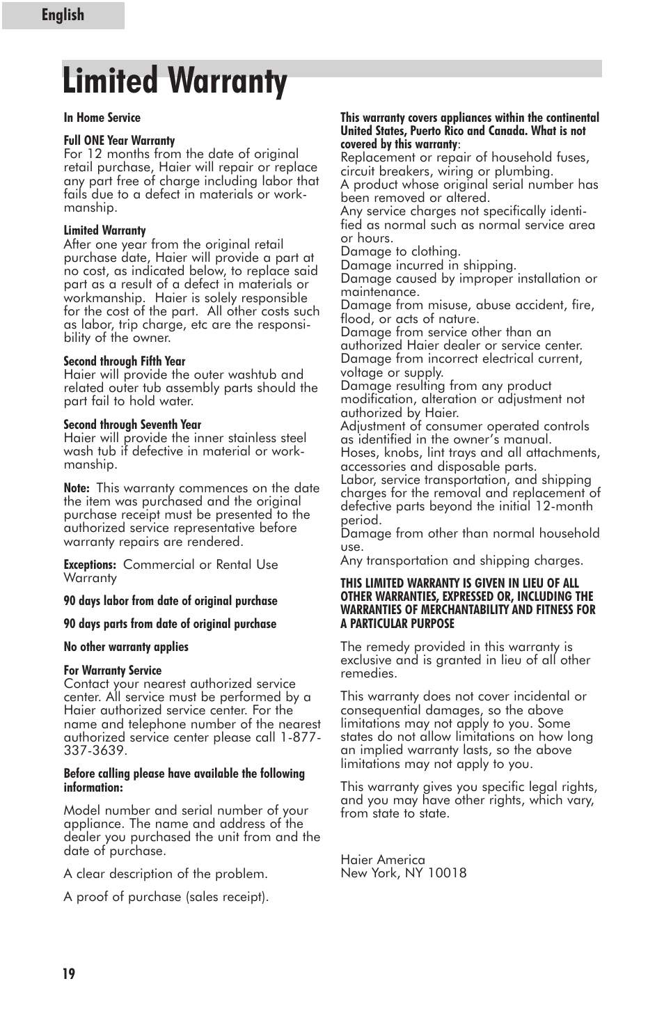 Limited warranty | haier HLP23E User Manual | Page 20 / 60
