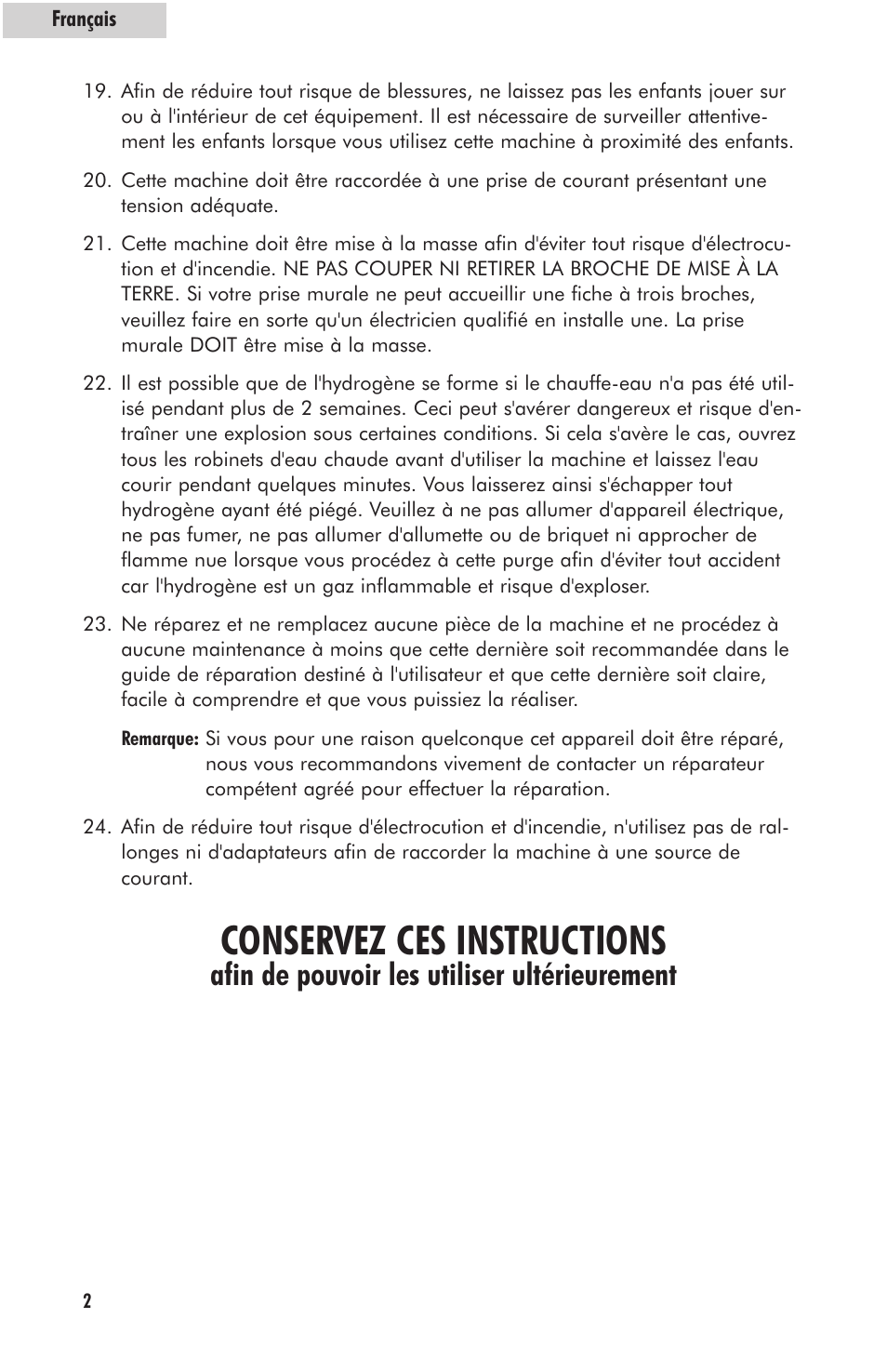 Conservez ces instructions, Afin de pouvoir les utiliser ultérieurement | haier HLP23E User Manual | Page 22 / 60