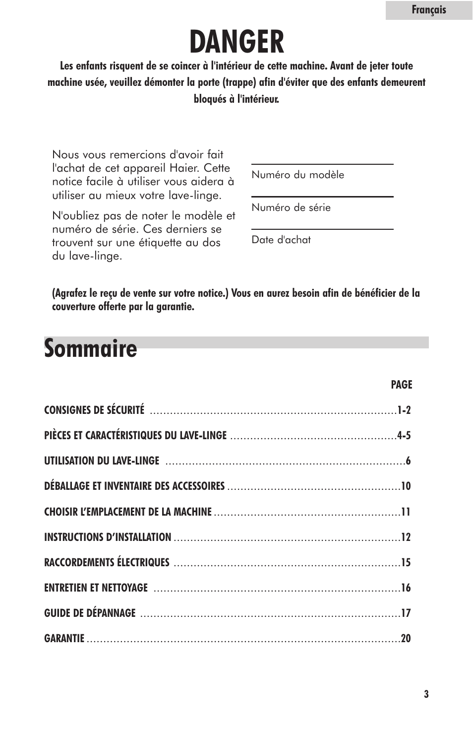 Danger, Sommaire | haier HLP23E User Manual | Page 23 / 60