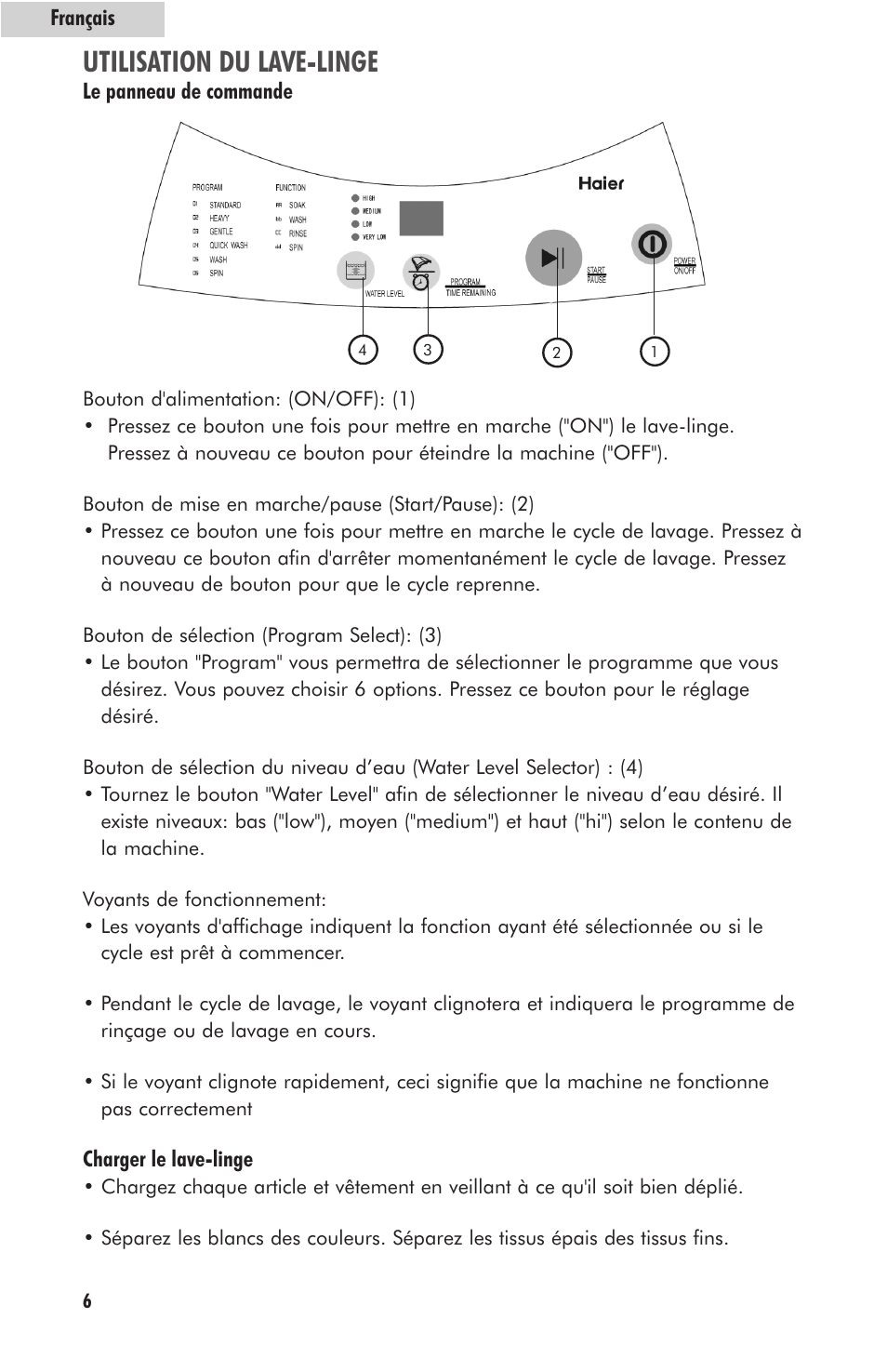 Utilisation du lave-linge | haier HLP23E User Manual | Page 26 / 60