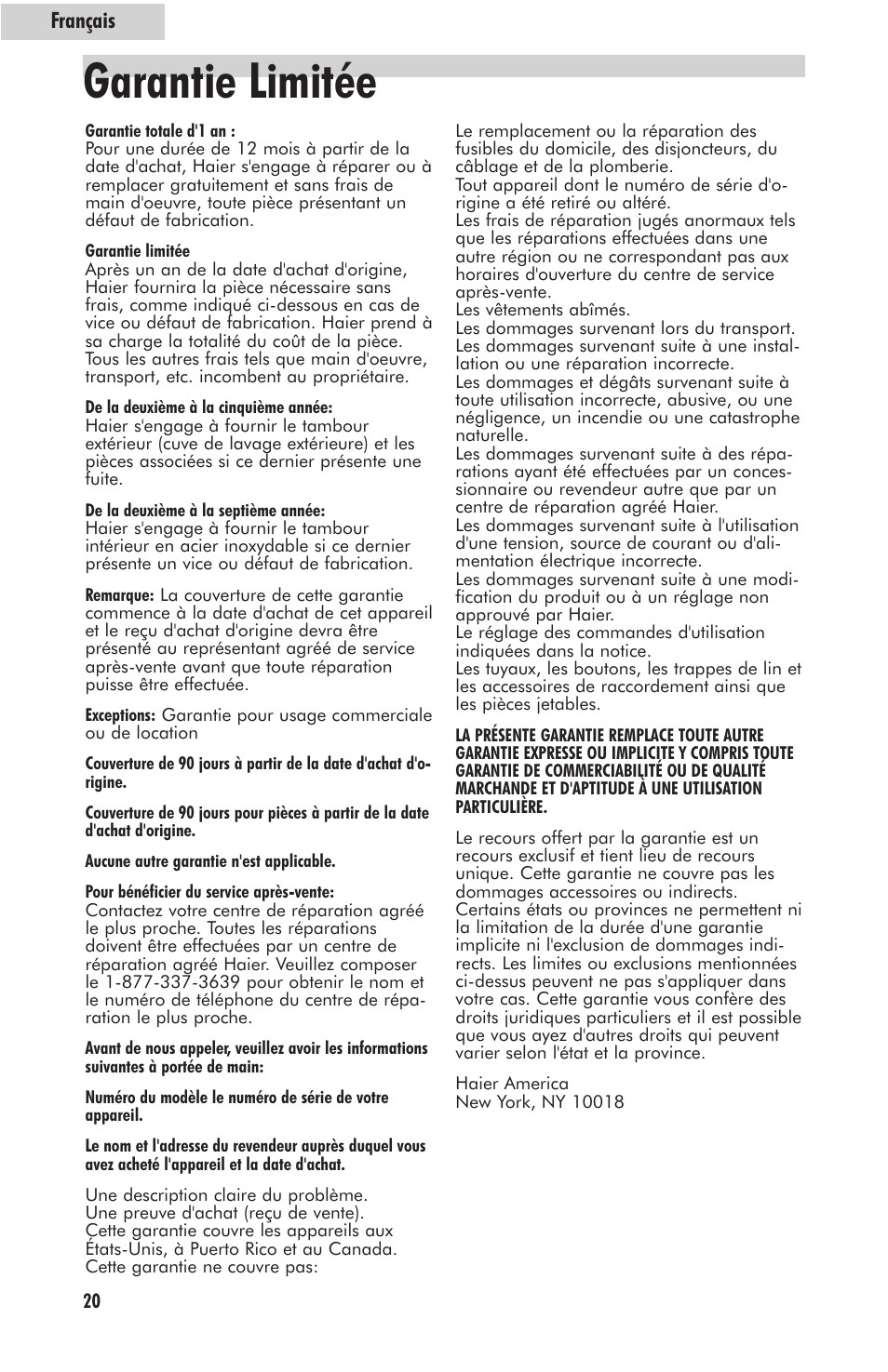 Garantie limitée | haier HLP23E User Manual | Page 40 / 60