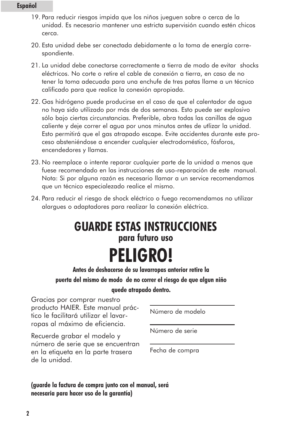 Peligro, Guarde estas instrucciones, Para futuro uso | haier HLP23E User Manual | Page 42 / 60