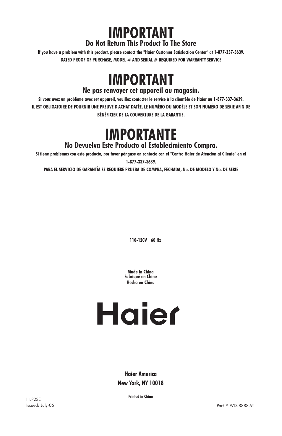 Important, Importante, Do not return this product to the store | Ne pas renvoyer cet appareil au magasin | haier HLP23E User Manual | Page 60 / 60