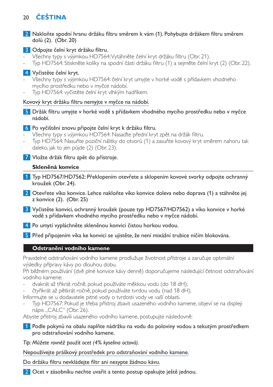 Skleněná konvice, Odstranění vodního kamene | Philips HD7562 User Manual | Page 20 / 96