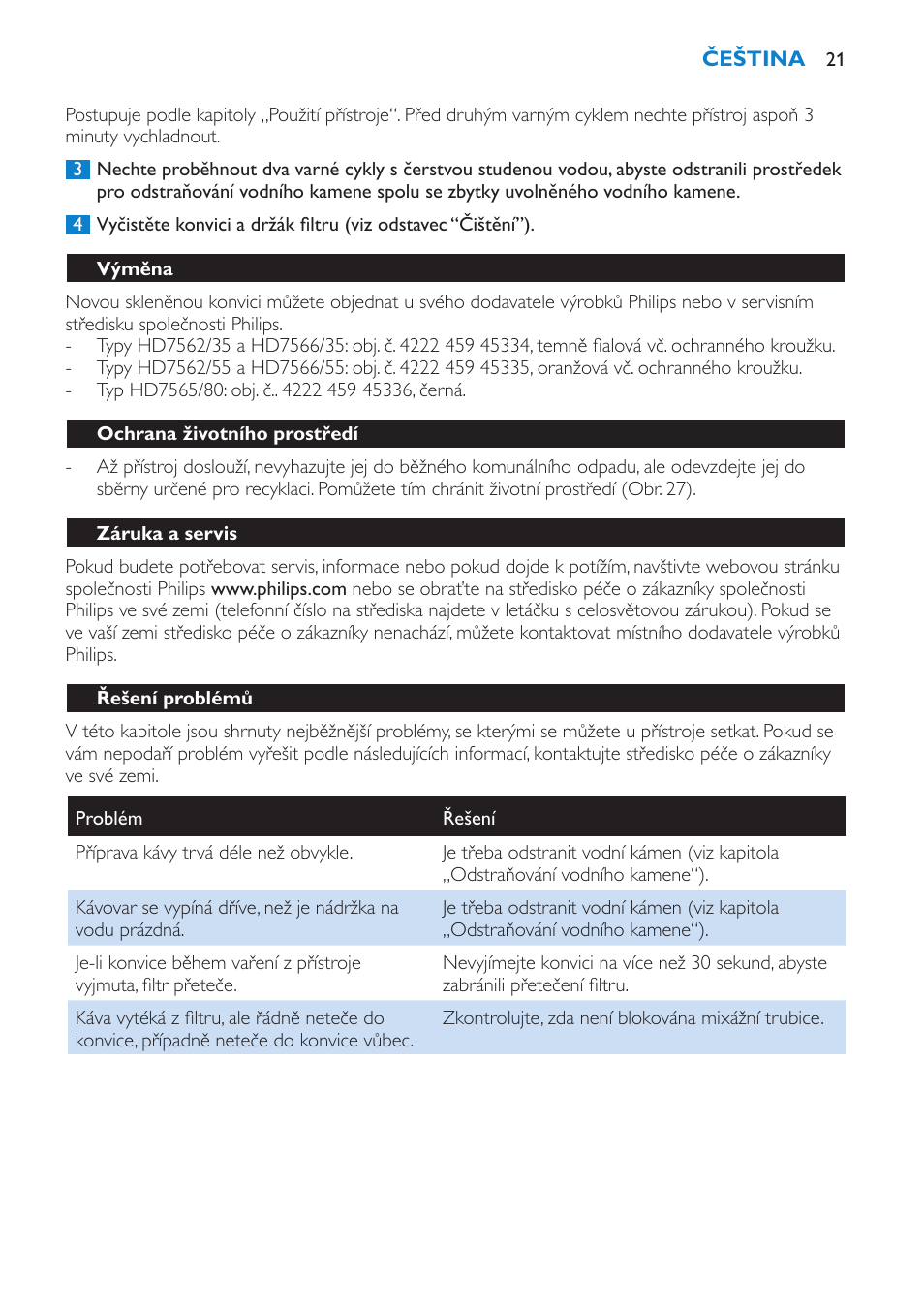 Výměna, Ochrana životního prostředí, Záruka a servis | Řešení problémů | Philips HD7562 User Manual | Page 21 / 96