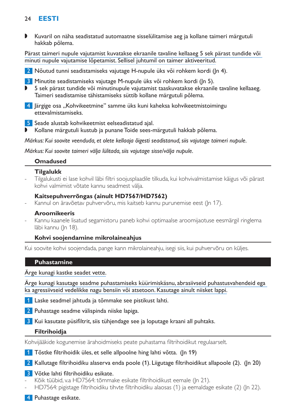 Omadused, Tilgalukk, Kaitsepuhverrõngas (ainult hd7567/hd7562) | Aroomikeeris, Kohvi soojendamine mikrolaineahjus, Puhastamine, Filtrihoidja | Philips HD7562 User Manual | Page 24 / 96