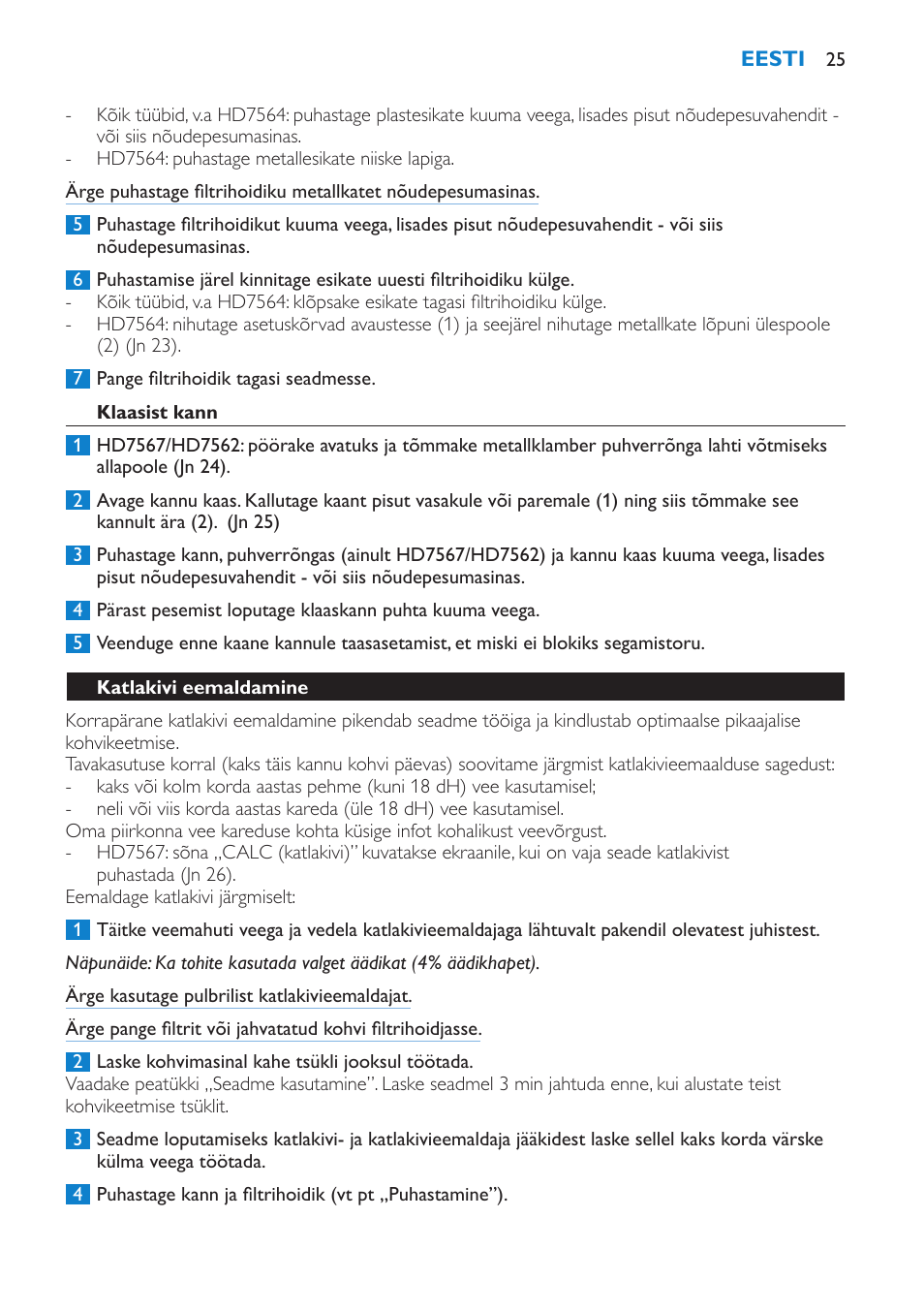 Klaasist kann, Katlakivi eemaldamine | Philips HD7562 User Manual | Page 25 / 96
