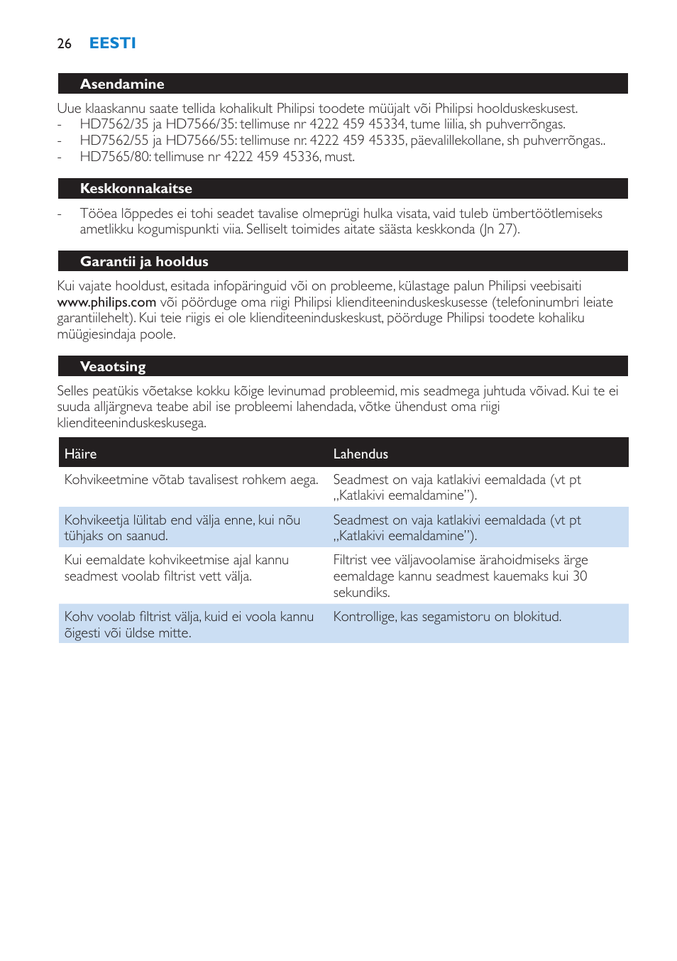 Asendamine, Keskkonnakaitse, Garantii ja hooldus | Veaotsing | Philips HD7562 User Manual | Page 26 / 96