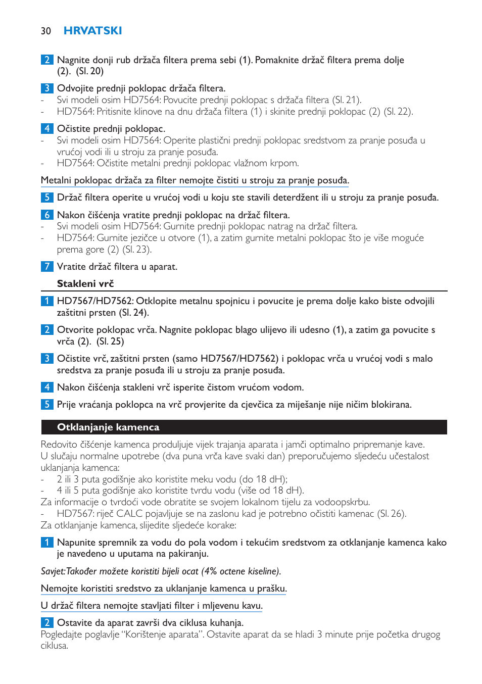 Stakleni vrč, Otklanjanje kamenca | Philips HD7562 User Manual | Page 30 / 96