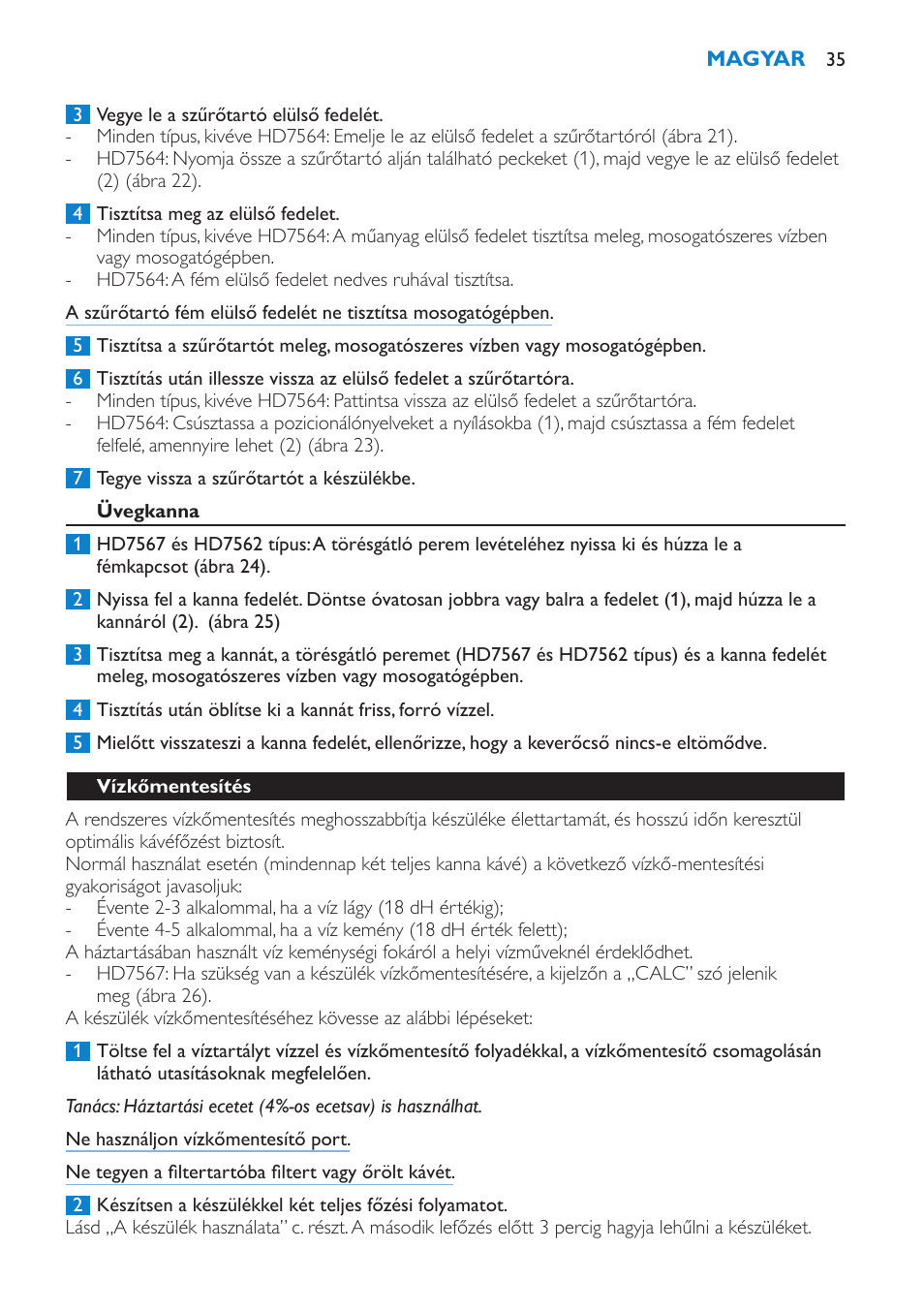 Üvegkanna, Vízkőmentesítés | Philips HD7562 User Manual | Page 35 / 96